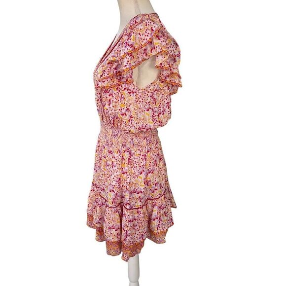 Poupette St Barth Camila Floral Pattern V-Neck Mini Dress Red Size Medium - Picture 2 of 8
